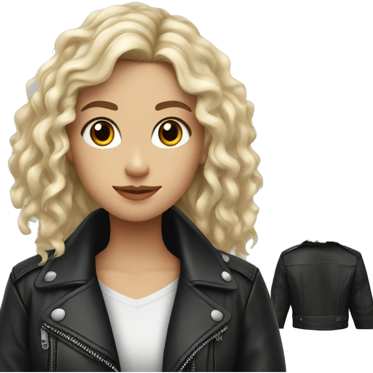 White girl, with long curly black hair, wearing leather jacket emoji