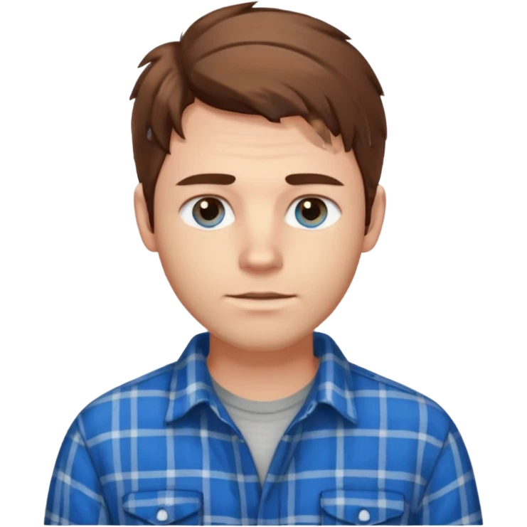 Chico blanco oj pelo revuelto y atractivoos azules pelo castaño y camisa de franela emoji
