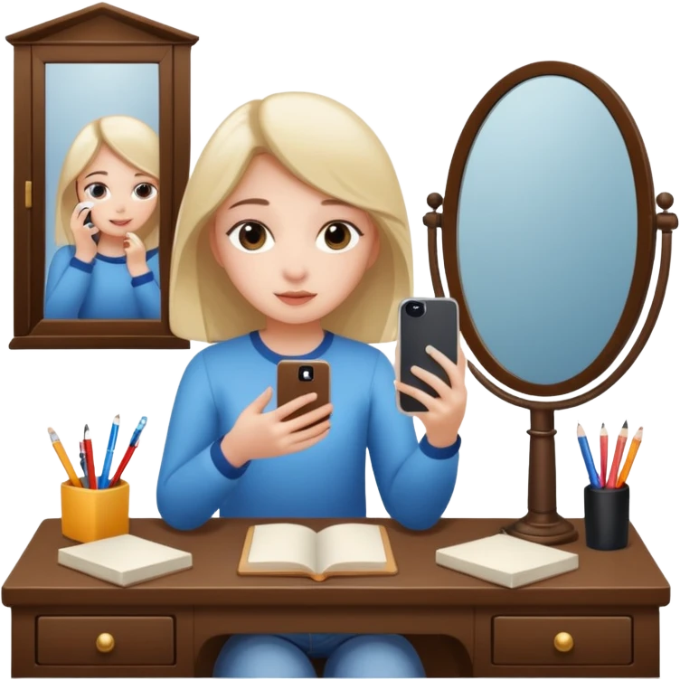 Girl sitting at vanity taking out picture with iphone 15 plus and study materials on the vanity emoji