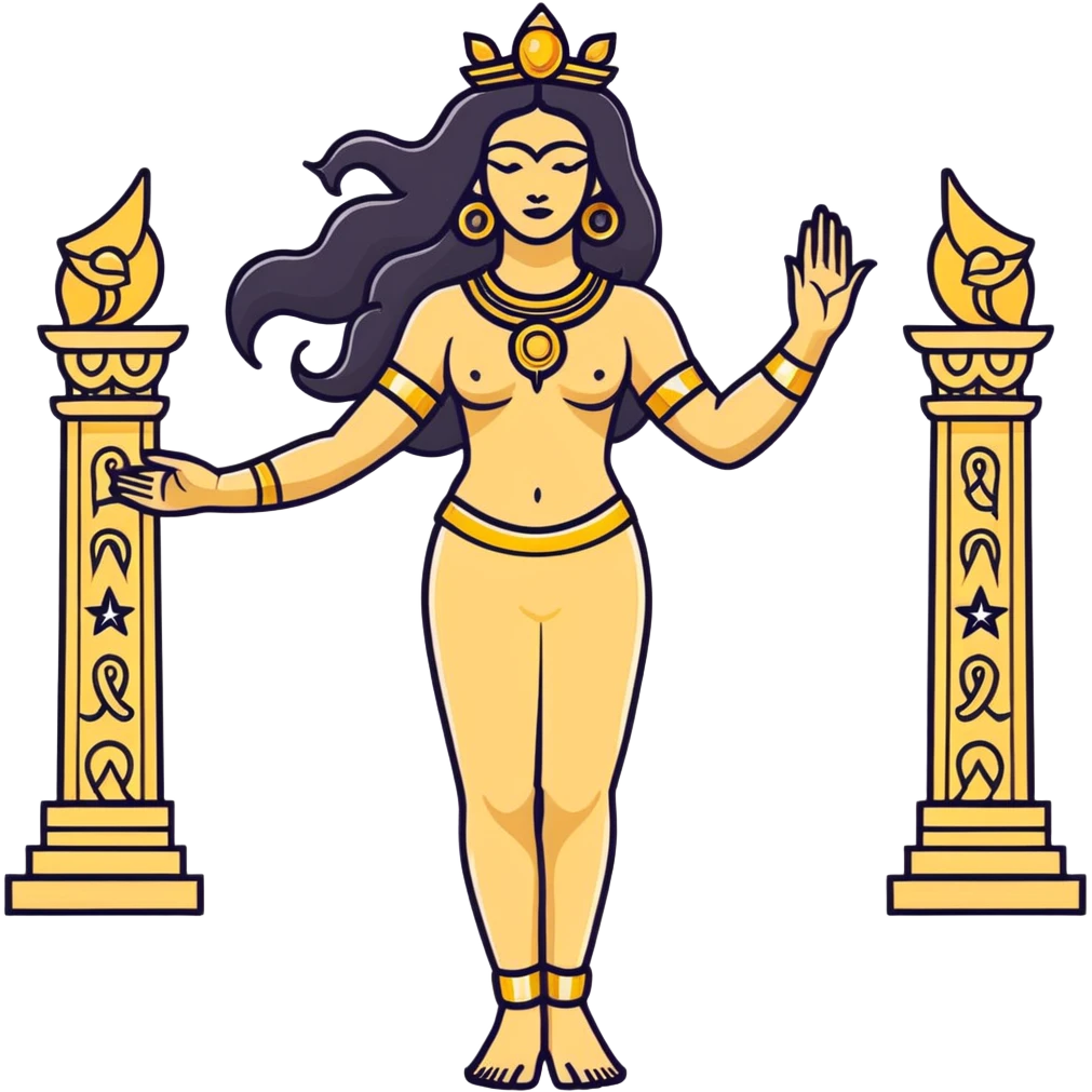 fullbody back view of Anunnaki goddess Inanna with long wavy black hair, ancient Mesopotamian star and gate symbols, naked back, and golden jewelry on wrists and ankles emoji