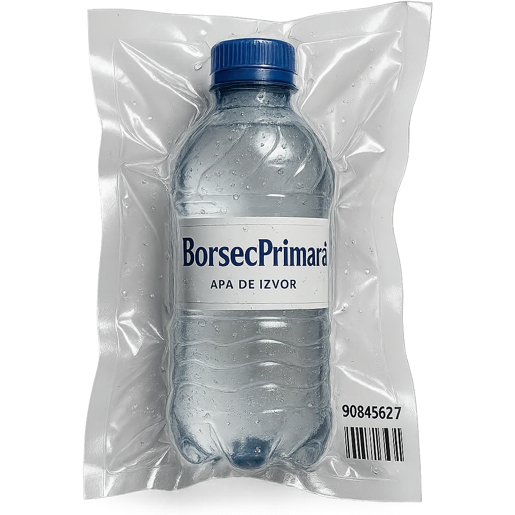 vacuum-sealed style bottle of water labeled 'BorsecPrimaru' emoji