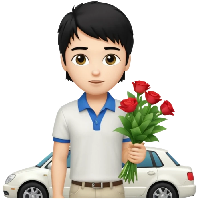 generate a pretty fair bratz boy with a messy mullet (black hair), wearing a white polo.  carrying a bouquet made of CASH. expensive car behind him emoji