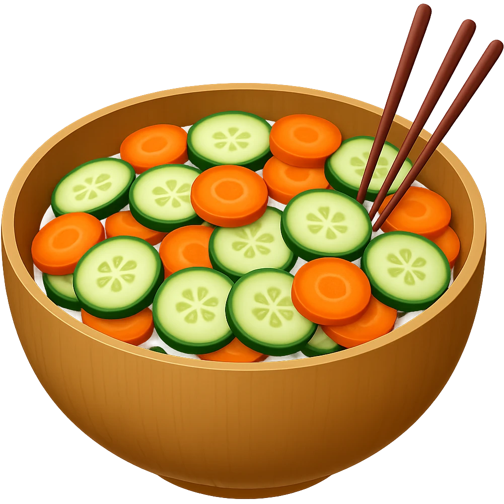 Add cut carrot slices to the cucumber salad with chopsticks. The style should resemble emoji style with no background. emoji