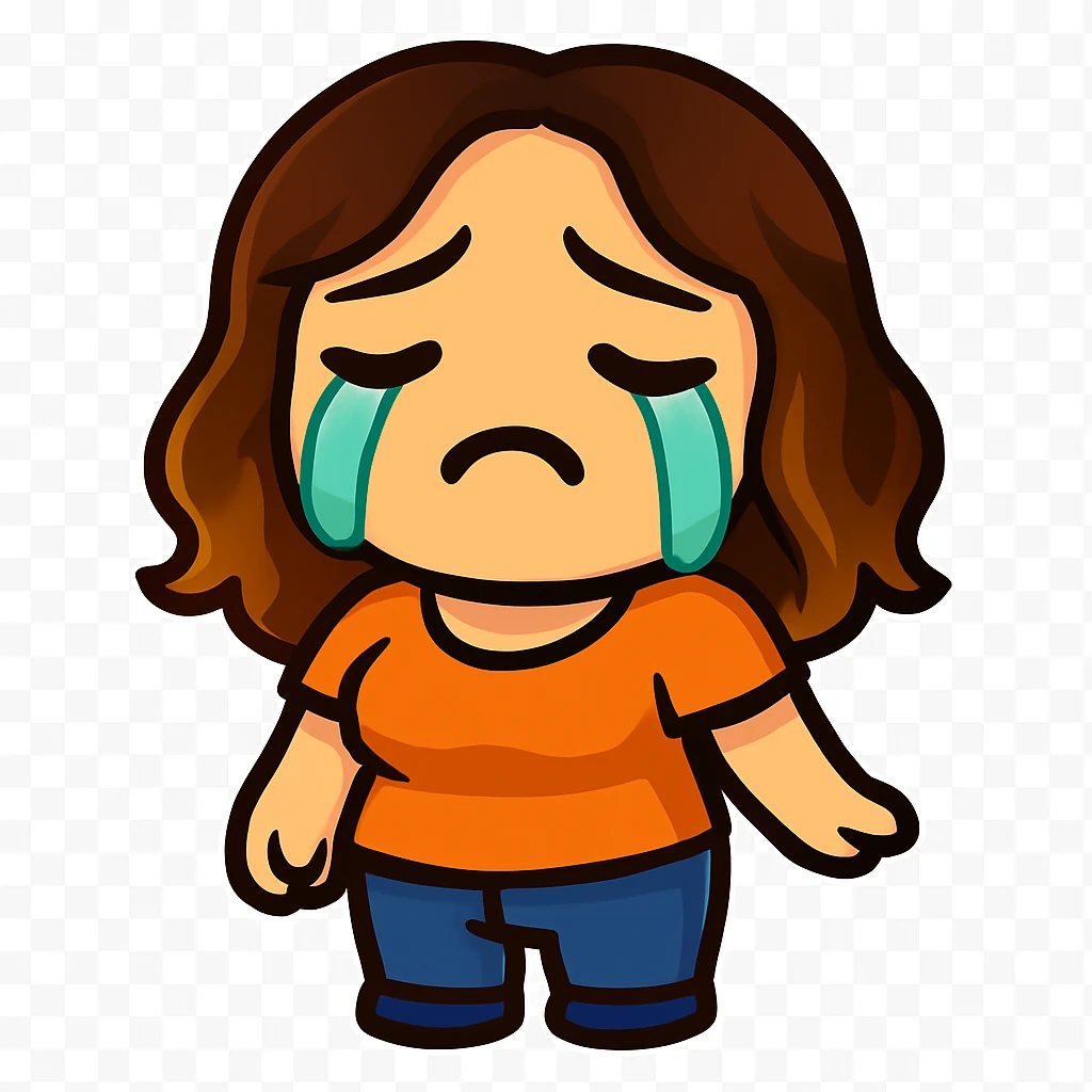 Sticker style chibi emote, matching the attached green heart emote as a base, but with a slightly skinnier body and a bigger chest. Woman from reference, orange t-shirt and blue jeans, crying with big tears, cute sad face, no headband, no wand, no heart, transparent background. Top color should not match jeans. emoji