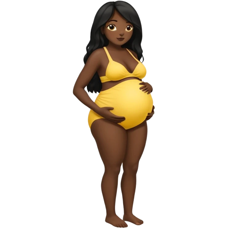 Dark black skin, african black Woman with huge pregnant belly, long hair, yellow bikini, bare midriff, full body, side view. emoji