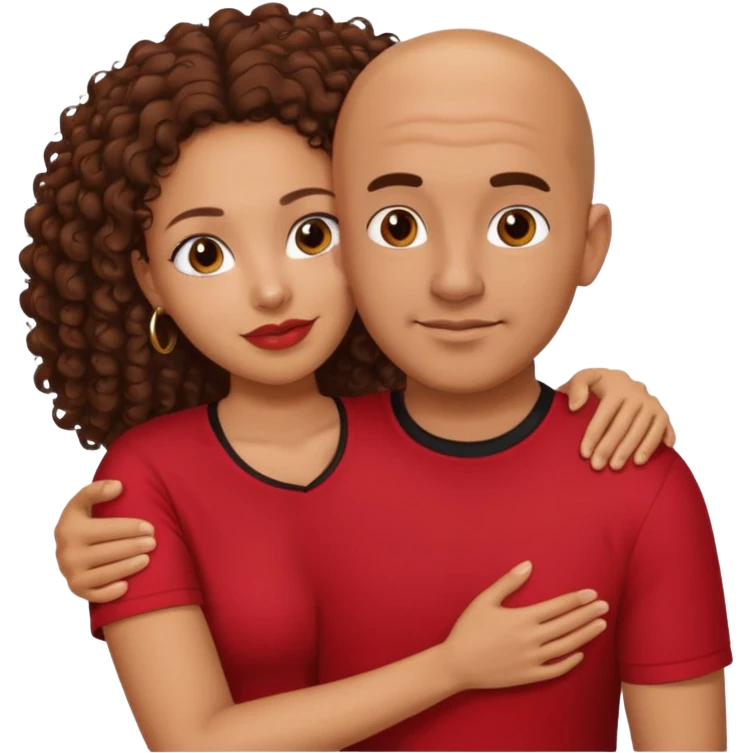 A picture of a tanned couple embracing. the guy is Mexican, with a bald hair cut and he is wearing a red shirt. the girl is mixed, the girl is wearing a black shirt, the girl has brown curly big hair and with big boobs  emoji