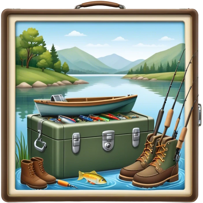 Icon for Fishing: a fishing tackle box, a spinning rods, fishing boots, and a boat by a water body with a beautiful nature backdrop. The icon should evoke the peaceful and adventurous spirit of fishing. Transparent background. emoji