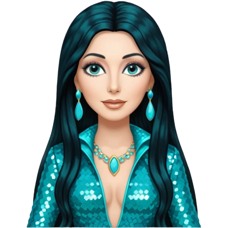 Cher, Goddess of Pop from Famous People with long jet black hair, turquoise sequin outfit emoji
