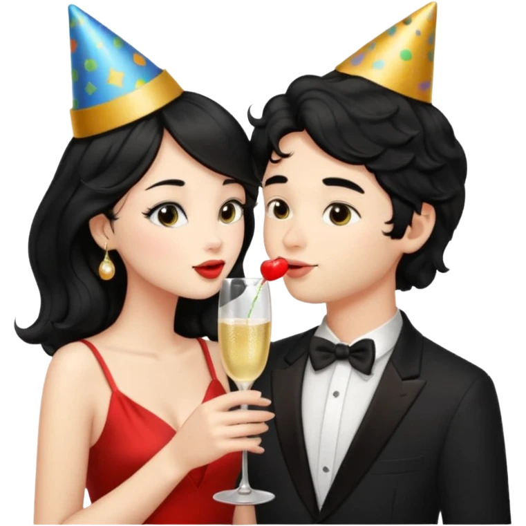 a handsome man with black short wavy hair tries to kiss a cute woman who has long black hair emoji