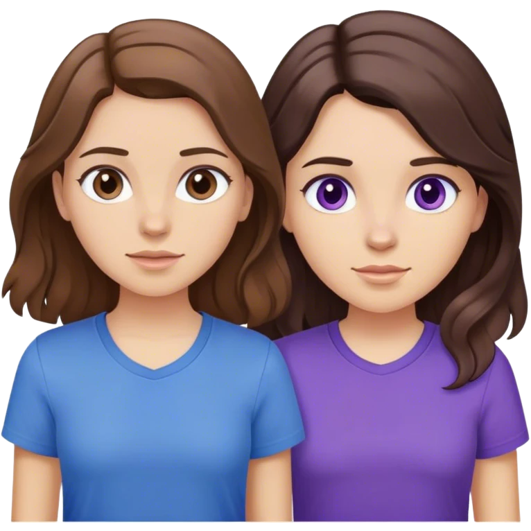 Two girls one with straight brown hair wearing a blue shirt, the other wearing purple and with brunette wavy hair emoji