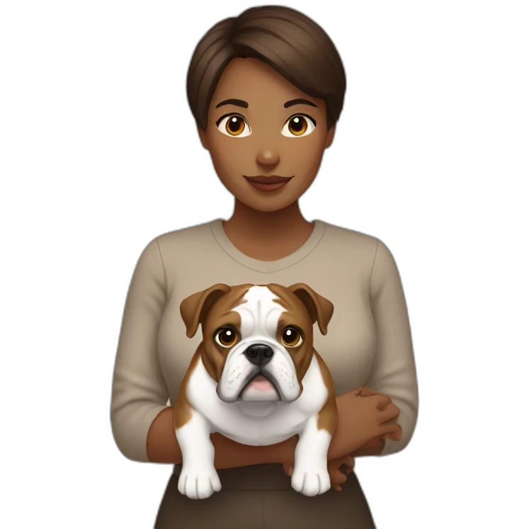 lady with brown short hair holding a english bulldog emoji