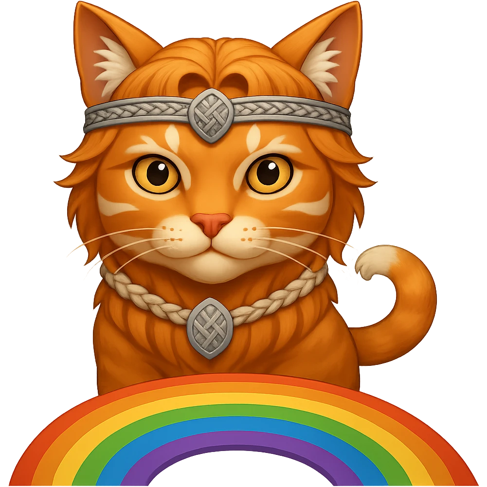 Add a rainbow bridge beneath the valorous Viking cat in Valhalla. Keep the background transparent. The style should match the original image's look and feel. emoji