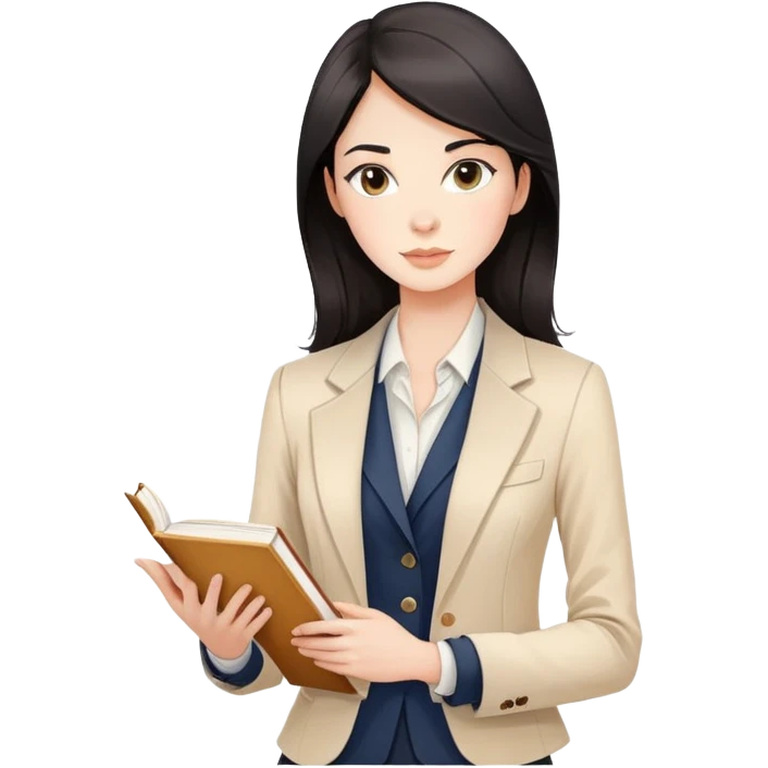 A stylish dark-haired woman in a tailored blazer holding a book, soft vanilla and beige background, elegant line art with subtle watercolor shading emoji