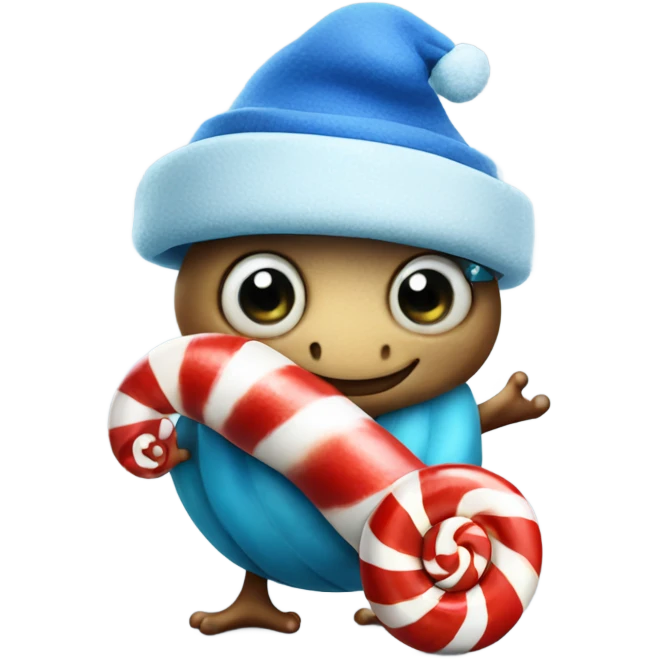 Snail wearing a blue hat holding a candy cane emoji