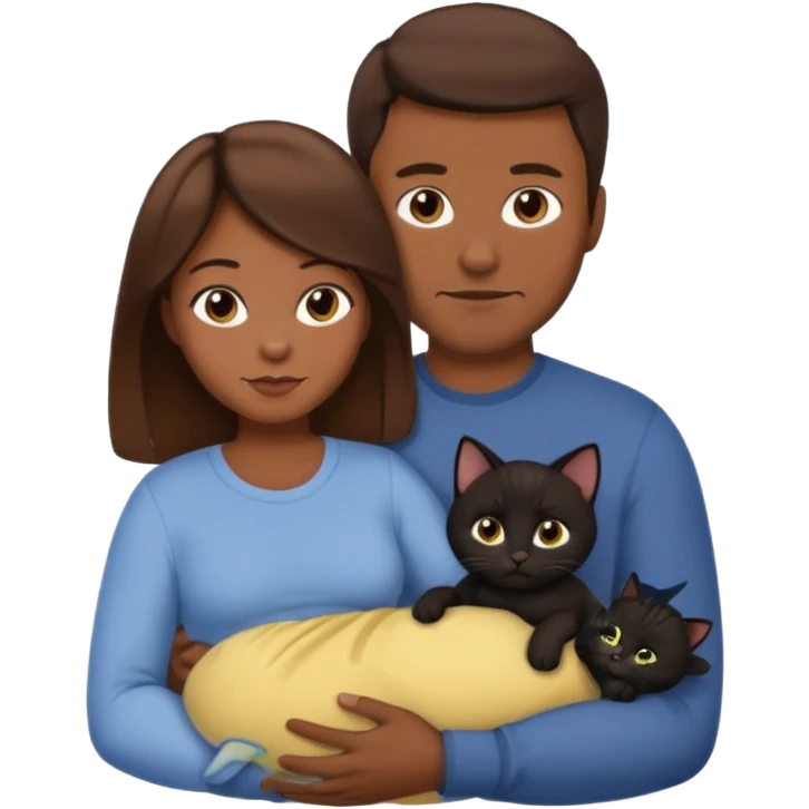1 mom brown hair, 1 dad no beard, 1 baby and 1 black cat emoji