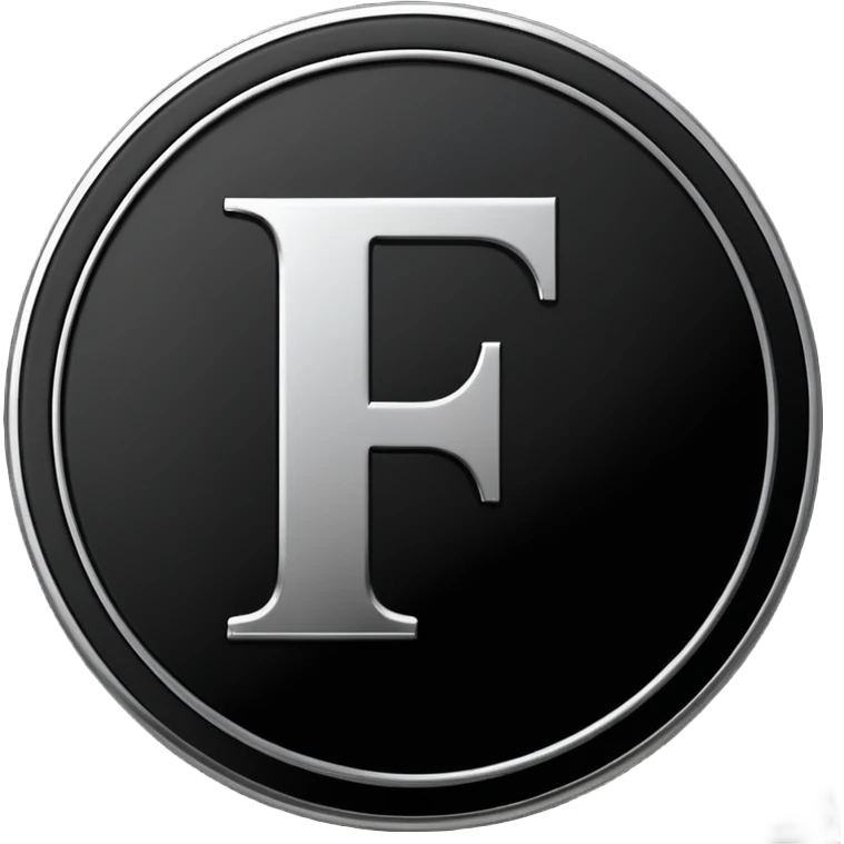 Emoji icon of a black coin with engraved letter F, minimalist style, isolated, only black color emoji