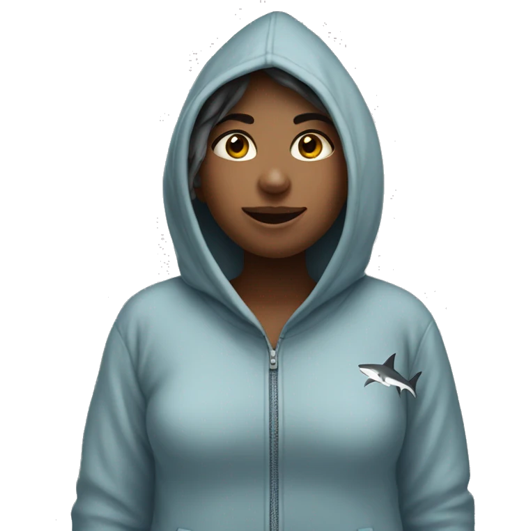Girl wearing shark onesie over sized emoji