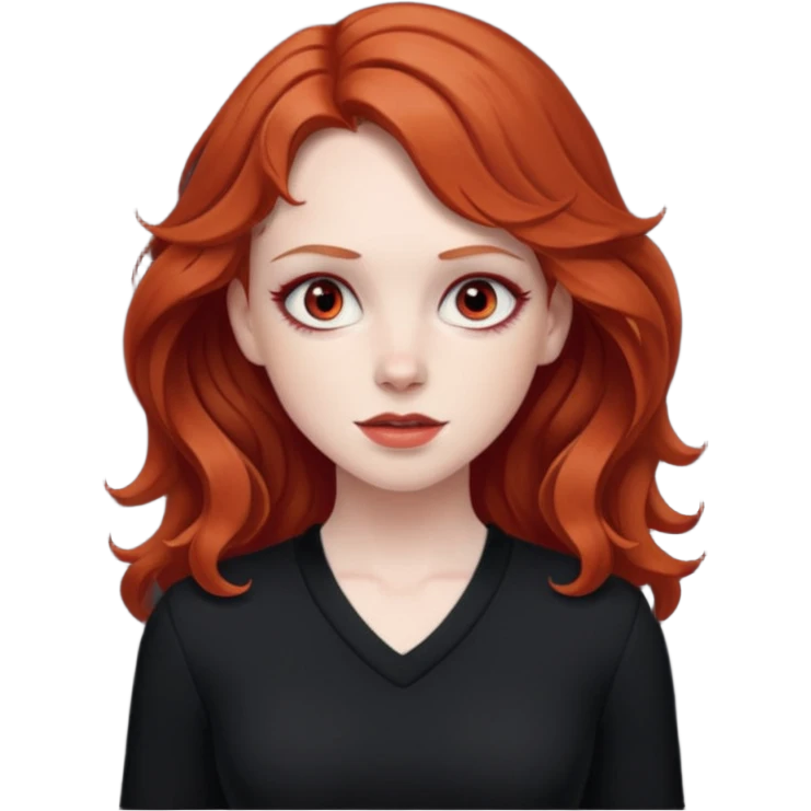 Sarah Blane from Summer of Fear with medium red wavy hair, white and red eyes, black outfit emoji