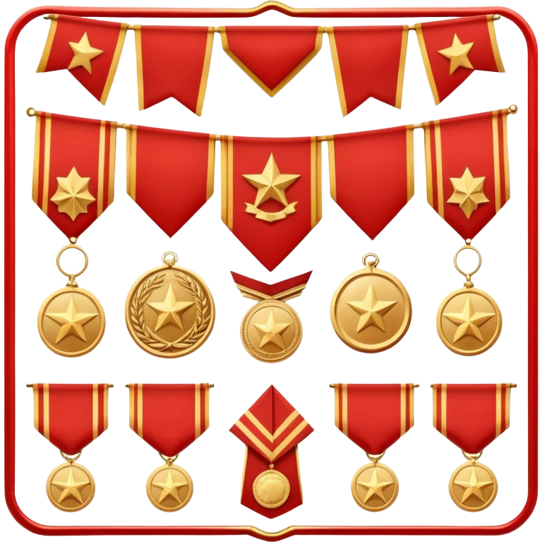 Icon for Collecting Orders, Medals & Badges: a variety of vintage orders, medals and badges, displayed neatly on a big red pennant or in a display case. The icon should reflect the honor and historical significance of these collectible items. Transparent background. emoji