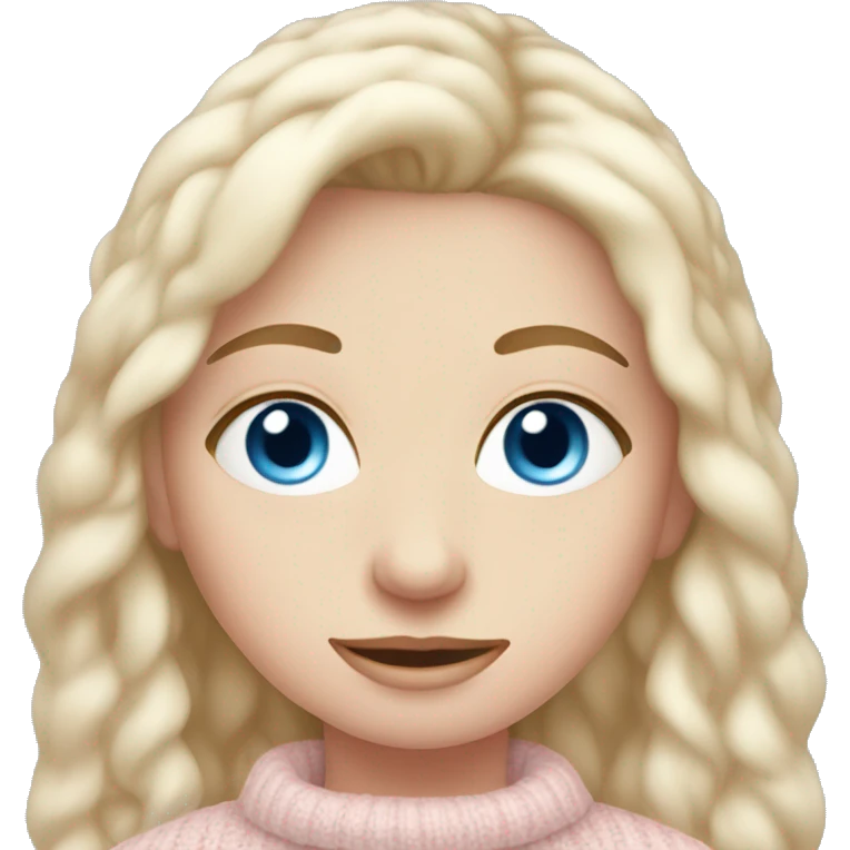 Pretty blue eyed white girl with light pink sweater reading cozy emoji