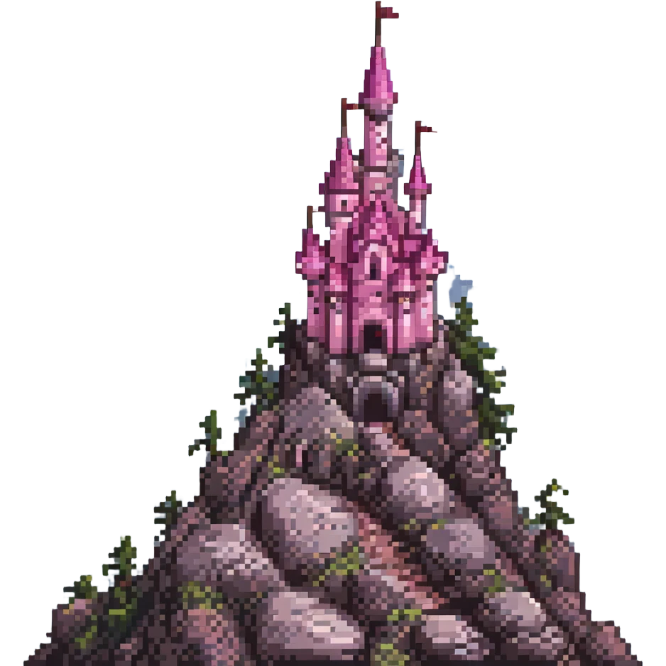 whimsical pink castle on a high rocky mountain, pixel art, cute, detailed, bright colors, magical fantasy world emoji