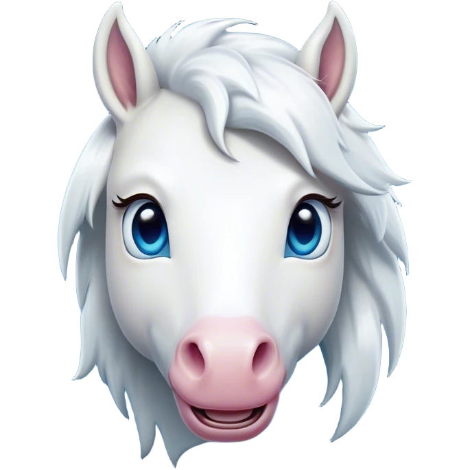 Cinematic Comical White Horse Portrait Emoji, Head tilted dramatically with an exaggeratedly amused expression, featuring a striking white fur with a glossy finish and wide, expressive blue eyes filled with playful disbelief, Simplified yet hilariously expressive features, highly detailed, glowing with a slightly sassy glow, high shine, dramatic yet playful, stylized with an air of cheeky mischief, bright and endearing, soft glowing outline, capturing the essence of a spirited and over-the-top horse, so meme-worthy it feels like it could side-eye its way into internet fame instantly! emoji