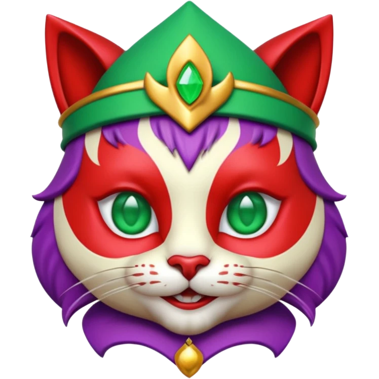 crazy colorful cute little cat jolly joker from poker, medieval, vintage, court jester, mac os icon, purple, gold and red color, half body, emerald green ice eyes. Squared shape as 3D mac os icon, symmetrical emoji