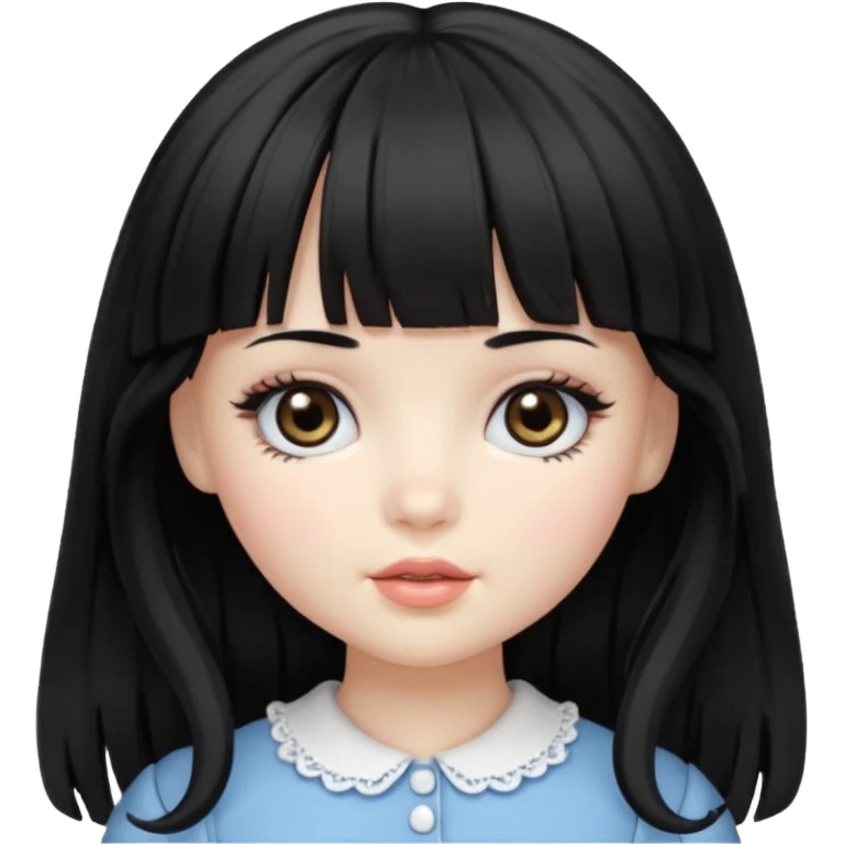 Doll girll, black hair with bangs, slightly wavy, very long hair,long eyelashes, black eyes. emoji