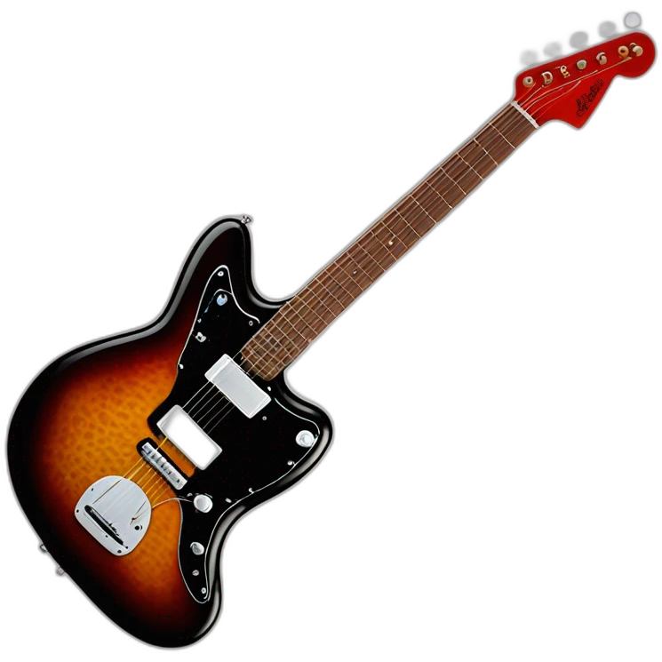 a deep black fender jazzmaster with a red tortoise shell pick guard with matching headstock emoji