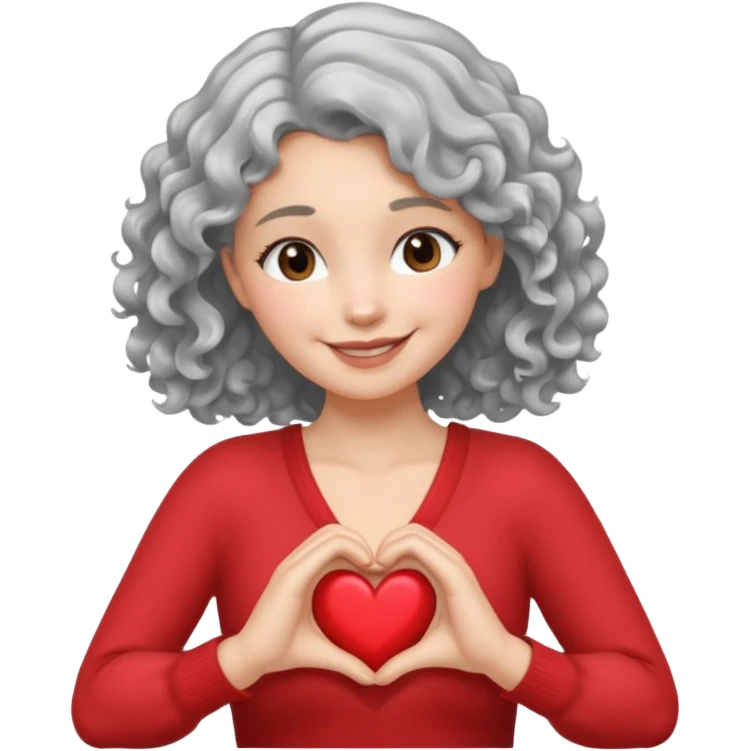 Silver hair, wavy/curly hair chin-length lady giving hug with 2 arms,  v-neck and smiling, add a heart emoji