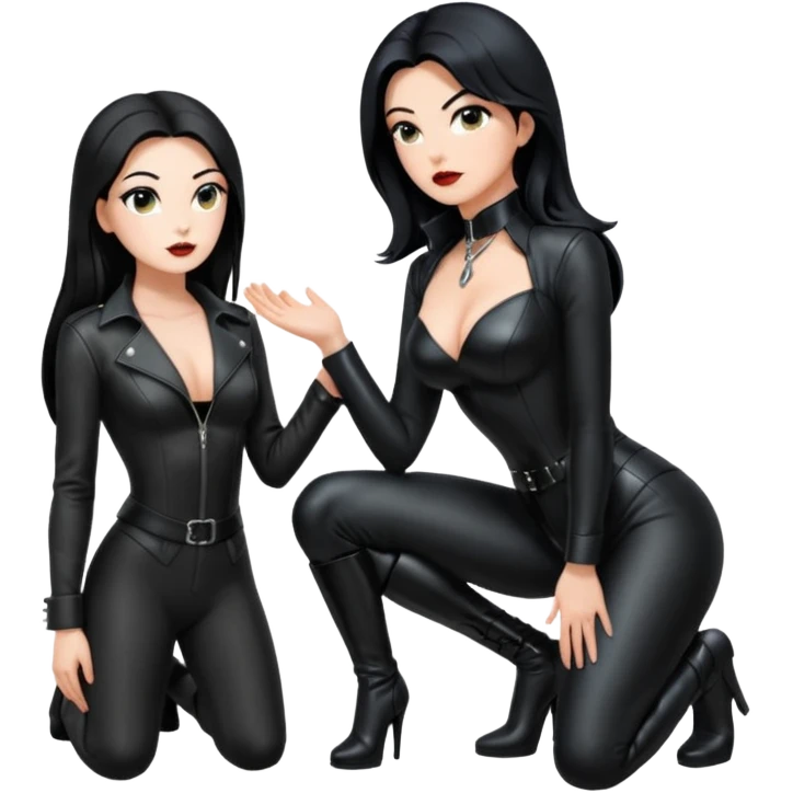 A woman on her knees for another woman, while the other woman stands up next to her. The woman standing is a dominatrix emoji