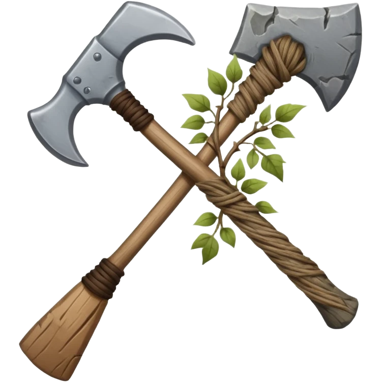 A sharp stone axe with wooden handle tied by vines.





 emoji