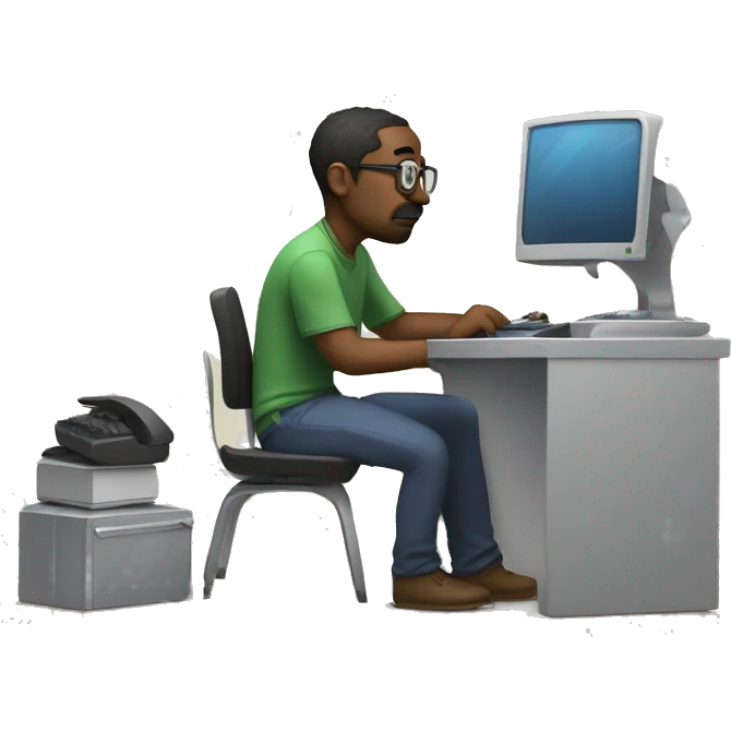 a tired programmer and developer sits behind a computer and makes a website.  emoji