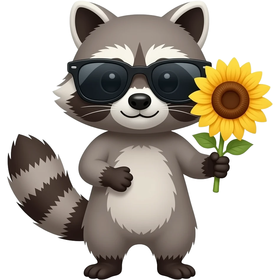 A raccoon wearing sunglasses holding a sunflower emoji