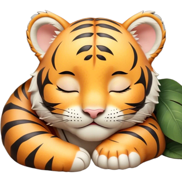 Meme-Worthy cute Sleeping Tiger Cub Portrait Emoji, Head resting peacefully with a contented smile, showcasing a luxuriously soft, striped form and eyes gently closed in serene slumber, Simplified yet comically adorable features, highly detailed, glowing with a soft, drowsy wild light, high shine, relaxed and utterly lovable, stylized with an air of playful laziness, bright and heartwarming, soft glowing outline, capturing the essence of a sleeping tiger cub that feels destined to become the next viral icon of adorable rest! emoji