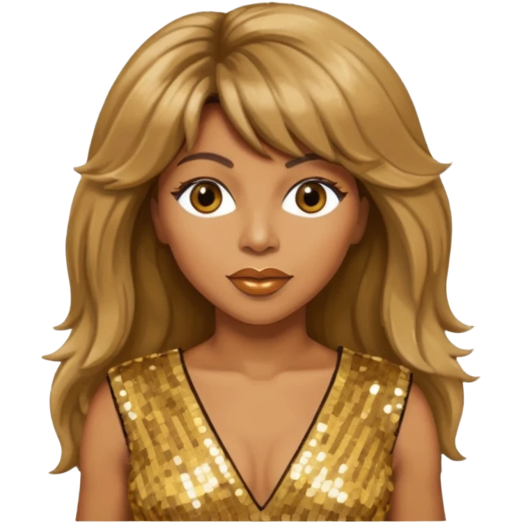 Tina Turner with long light brown hair, gold outfit emoji