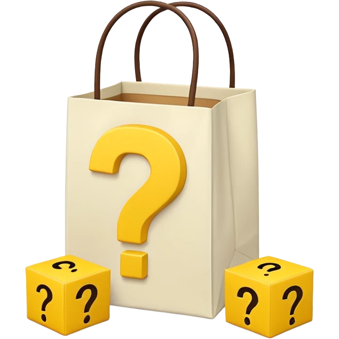 White bag with yellow questions mark cube boxes stuffed in it emoji