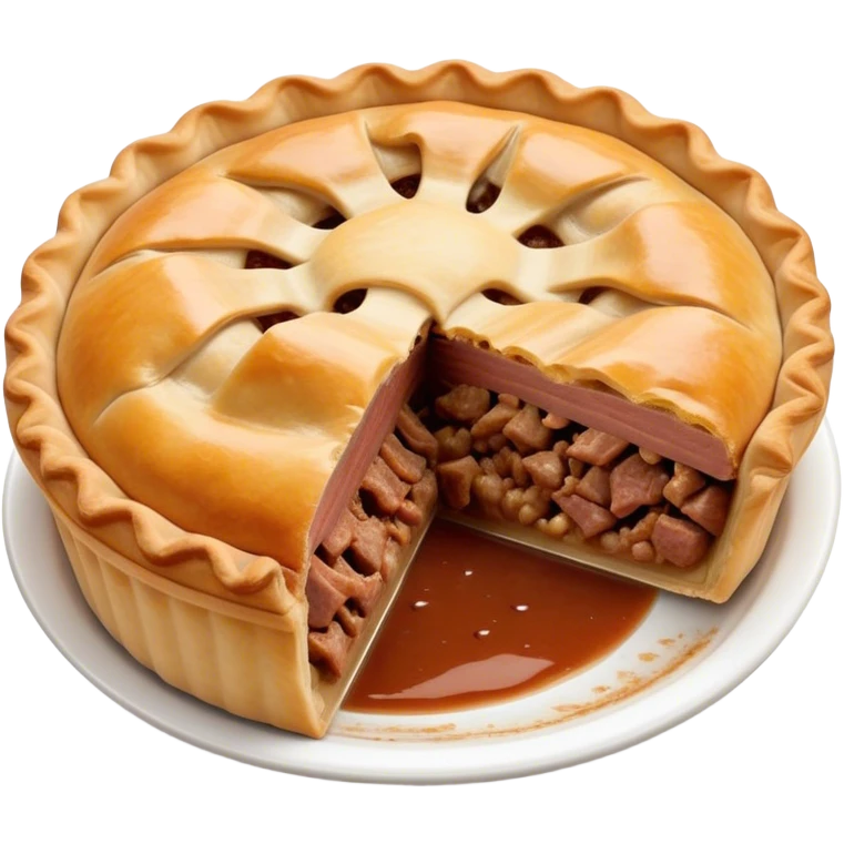 Cinematic Realistic Meat Pie Dish Emoji, showcasing a flaky pastry filled with rich, hearty meat gravy, rendered with lifelike detail and warm, inviting lighting. emoji
