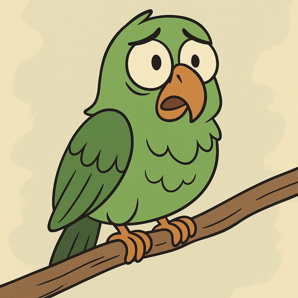 chimelo, a cartoon-style green parrot with expressive eyes, perched on a branch emoji