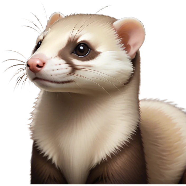 Cinematic Noble Ferret Portrait Emoji, Poised and dignified, with a sleek, elongated body and a distinct ferret head featuring a pointed snout, small, rounded ears, and intelligent, beady eyes, covered in soft, sleek fur with natural brown and cream hues, Simplified yet sharp and sophisticated features, highly detailed, glowing with a warm, natural glow, high shine, exuding an air of quiet confidence, focused and watchful, soft glowing outline, capturing the essence of a clever and majestic ferret that feels as though it could leap from the screen with effortless grace! emoji