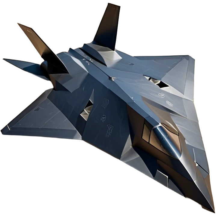 F-117 Nighthawk - Lockheed Martin (Stealth Grey) A futuristic stealth attack aircraft with a distinct faceted, angular design in a stealthy matte grey. Its sharp, jagged edges and unconventional, almost alien-like shape make it look like a shadow cutting through the night sky. The surface should appear non-reflective with subtle panel lines. emoji