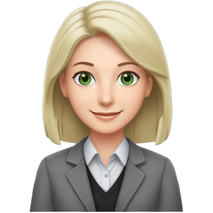 smiling English teacher with airtouch hair and grey-green eyes standing in front of a classroom with chalkboard emoji