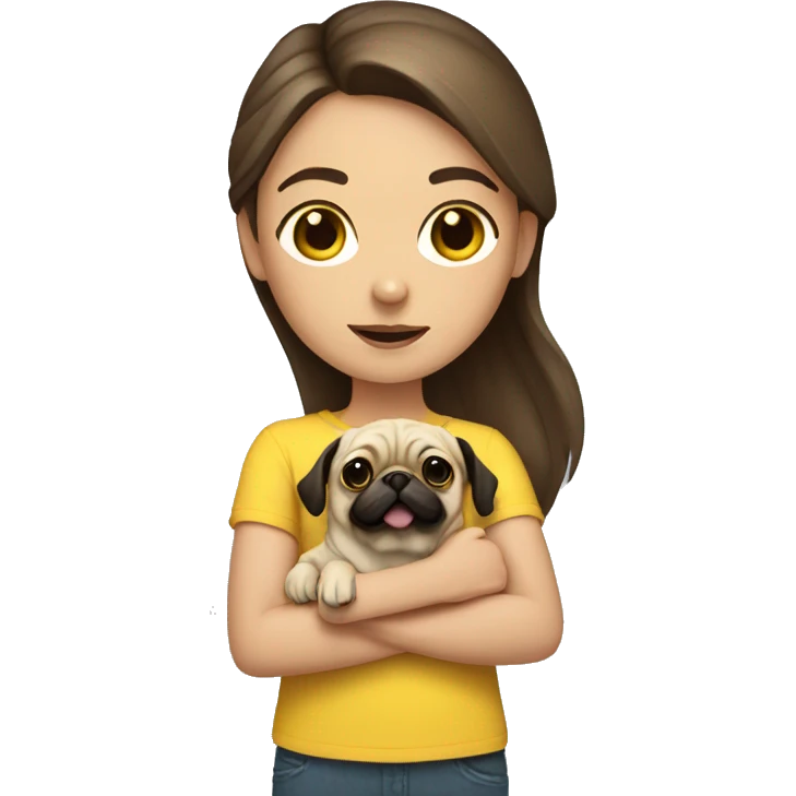 Girl with brown hair and a yellow shirt holding her pug emoji