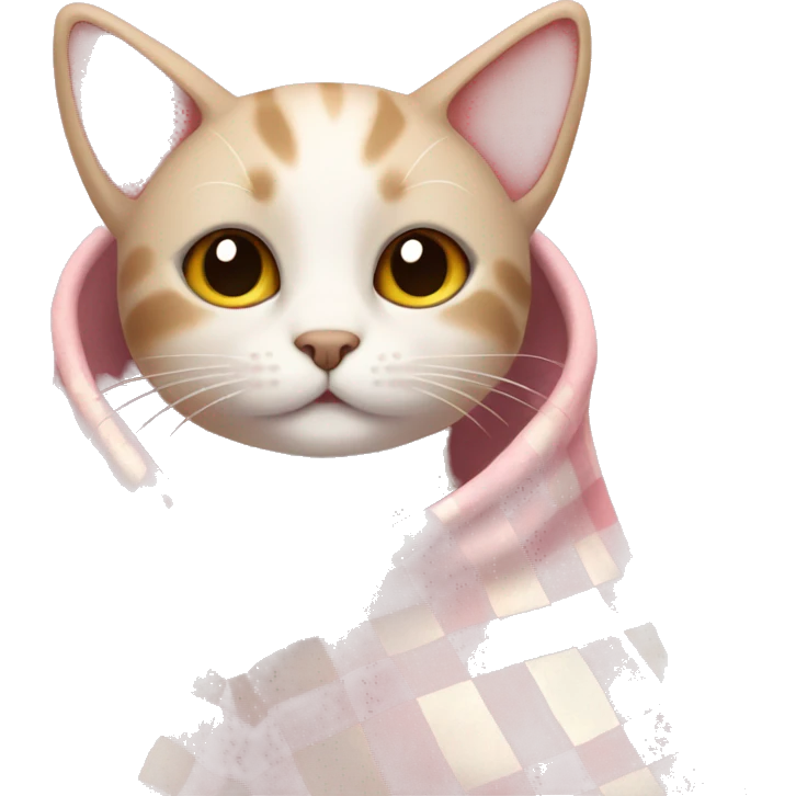 cat with a cozy light pink checkered blanket around it emoji