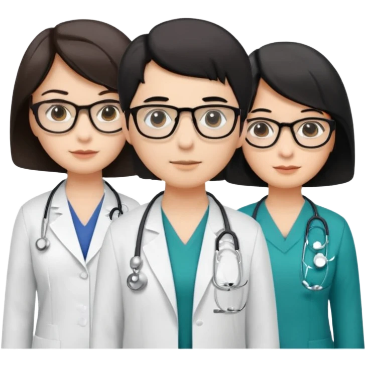 Create four doctors grouped together. Place a female doctor with dark brown short bob hair prominently in the front. Behind her, include:

a doctor with white hair wearing glasses,

a young male doctor with black hair and no glasses,

and a female doctor with black short bob hair wearing glasses. emoji