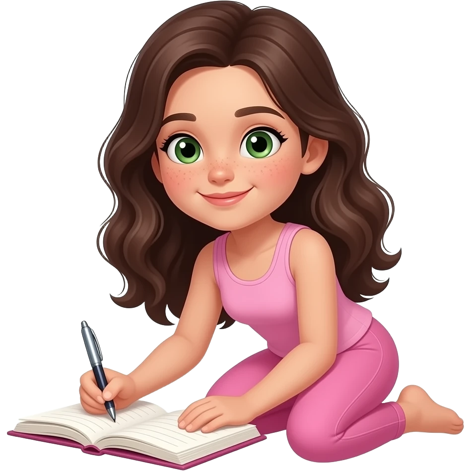 young girl in the style of iphone emoji people, fair skin, green eyes, freckles,long dark brown wavy hair, pink tank top and pink leggings, is writing a book emoji