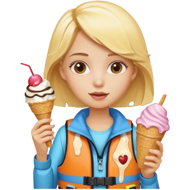 girl blonde kid wearing lifejacket, holding ice cream emoji