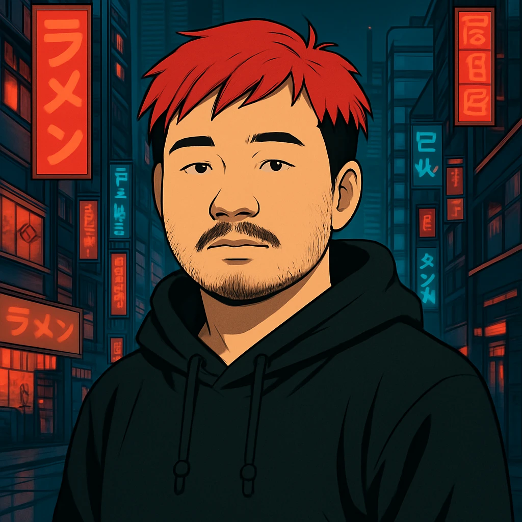 Asian man with a bit round face, less mustache, and a bit of beard, red hair, black hoodie, Japanese cyberpunk anime style, futuristic city background emoji