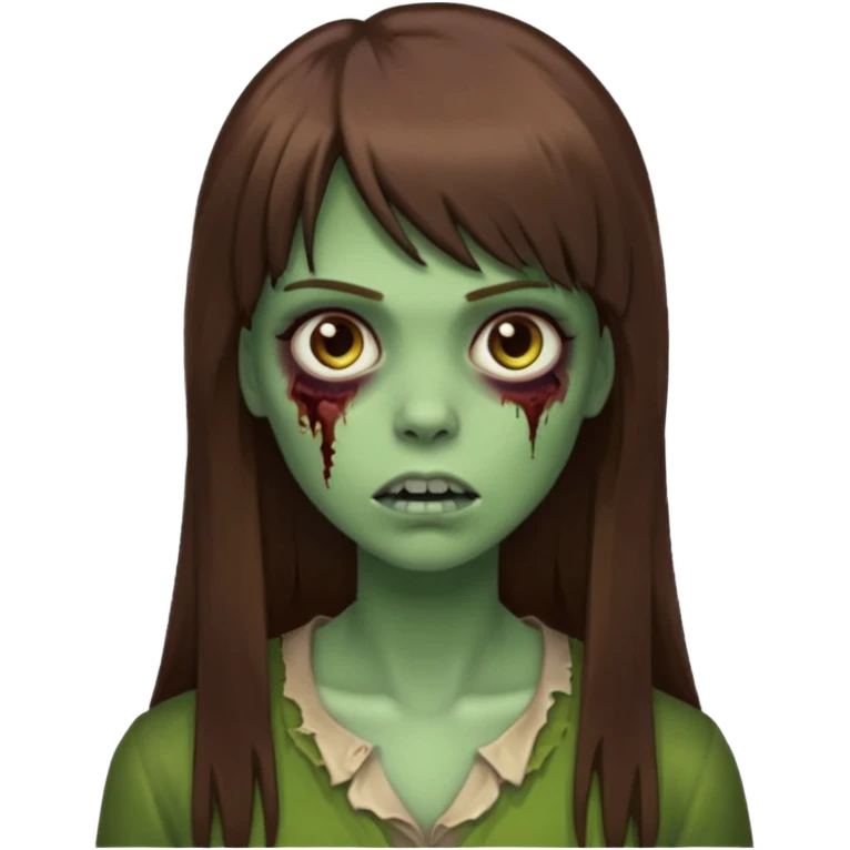 Zumbi feminino, de pele verde, cabelo marrom, longo, liso e castanho com franja emoji