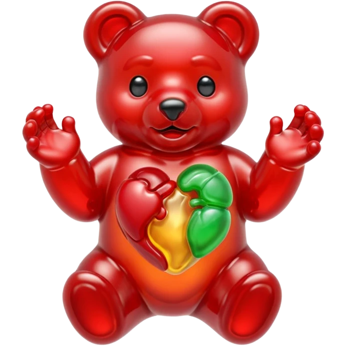 Multicolored Gummy bear holding one small gummy anatomically correct human heart  emoji